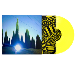 Vinyl record coloured yellow with a scenic cover featuring trees and a bright light.