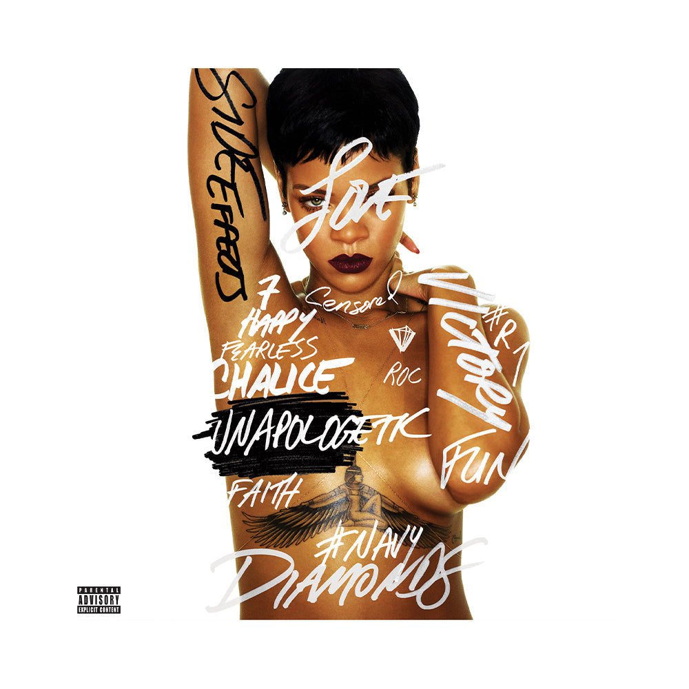 iconica copertina di Unapologetic con foto della cantante senza vestiti ma coperta dalla scritte realizzate sul suo corpo