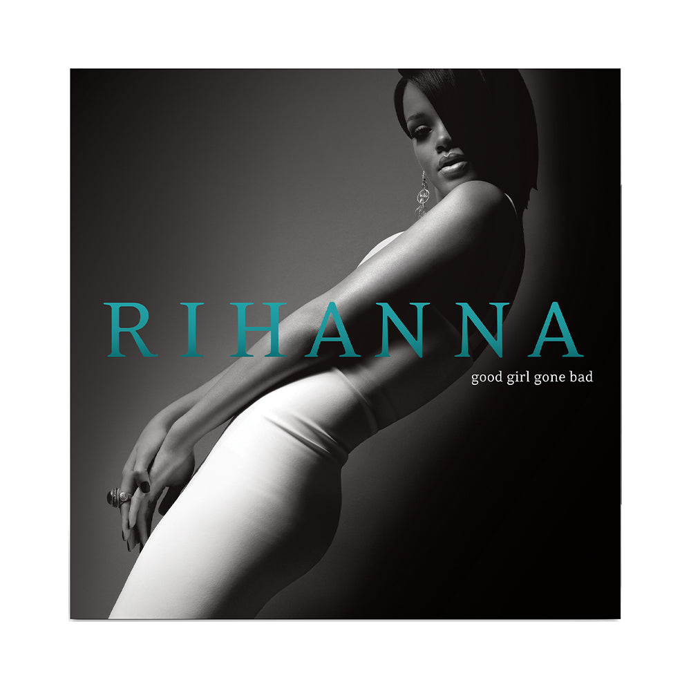 copertina dell'album Good Girl Gone Bad di rihanna bad gal riri con titolo azzurro e foto in bianco e nero