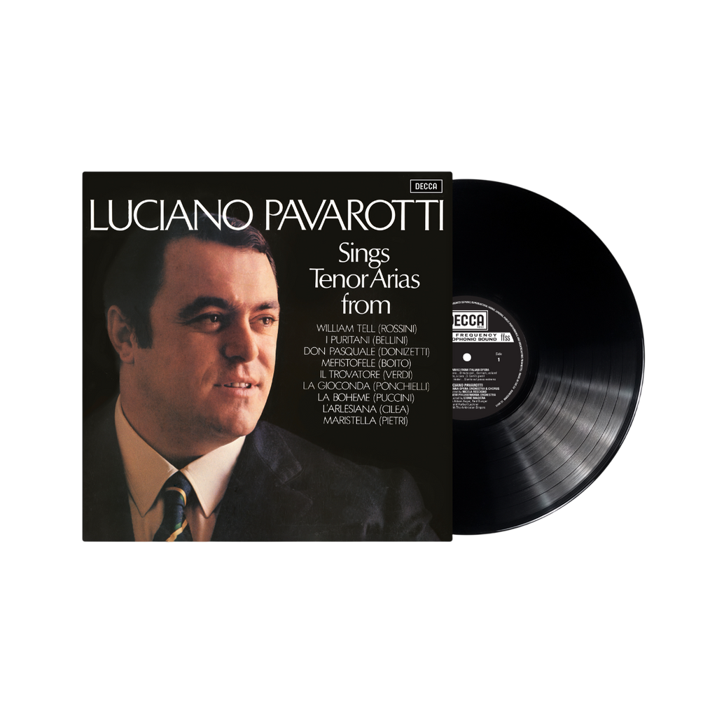 vinile nero LP singolo lpong playing 33 giri con incisioni e copertina che ritrae il tenore luciano pavarotti da giovane su sfondo nero