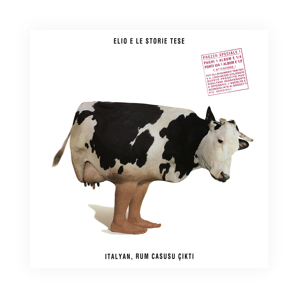 copertina album di elio e le storie tese con mucca con gambe umane. L’immagine è un chiaro rimando alla copertina di “Atom Heart Mother” dei Pink Floyd.