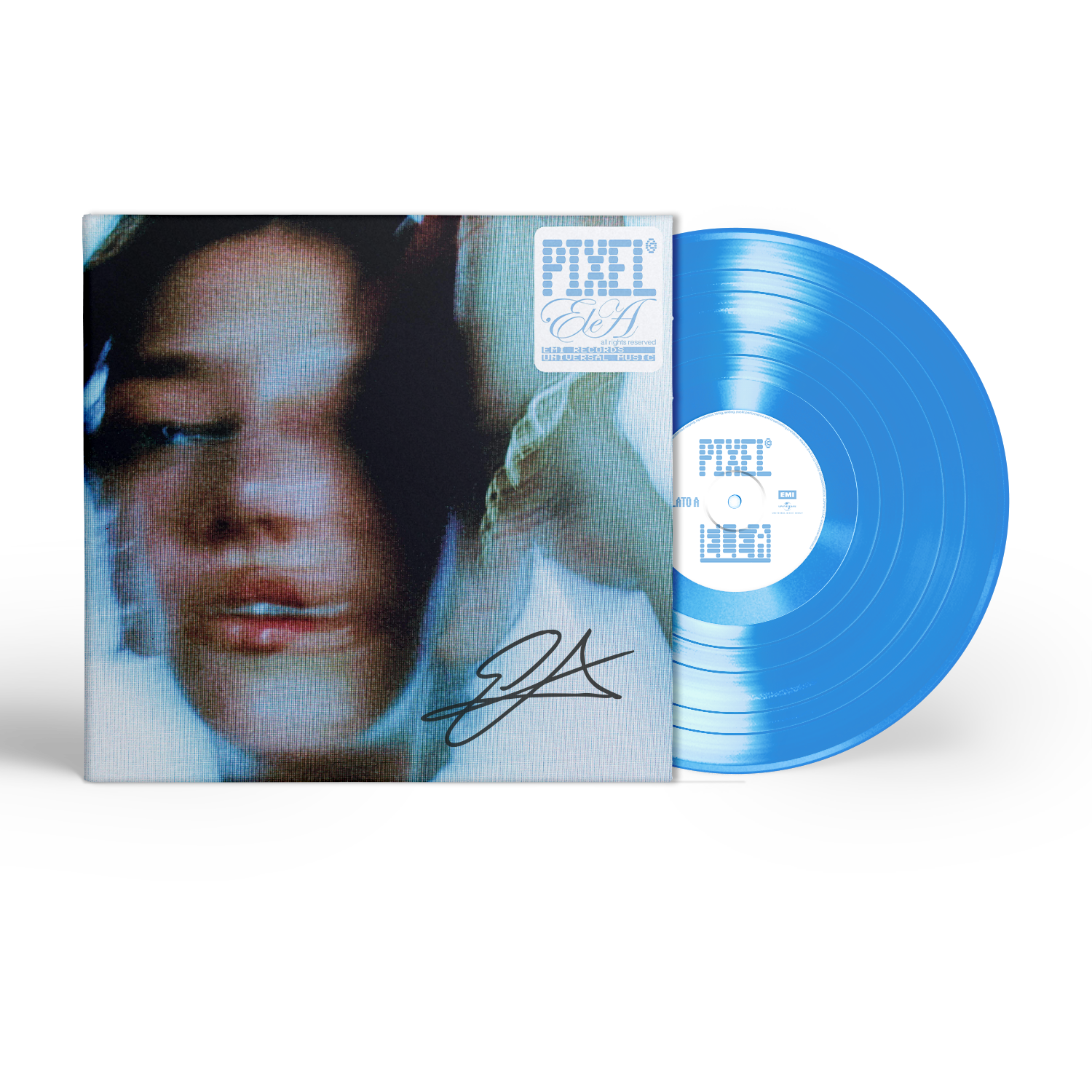 ele a vinile colorato blu nuovo album pixel autografato in copertina foto primo piano rapper svizzera sfocata