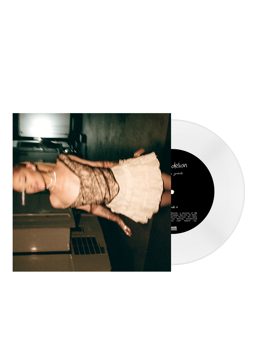 Dandelion singolo estratto dalla versione deluxe di eternal susnhine di ariana grande disco vinile colorato 45 giri 7 pollici con foto sfocata di ariana grande in copertina