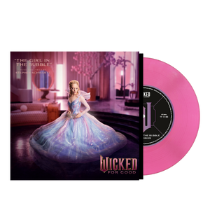 Vinyl record pink colour with a cover featuring the singer Ariana Grande in a blue dress and the title 'Wicked'