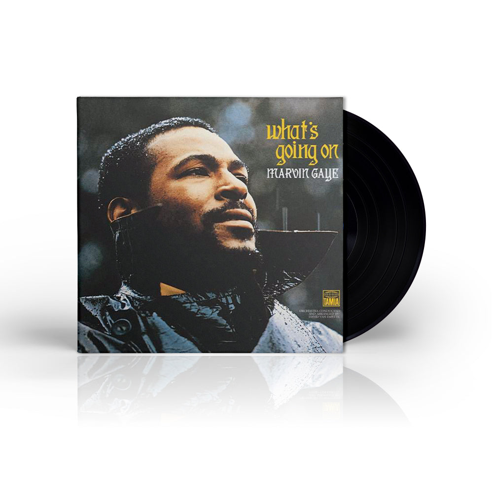 vinile nero disco in vinile album di marvin gaye successi più famosi dal titolo what's going on con immagine di copertina con foto in primo piano del cantante afroamericano icona del soul e del r&b con impermeabile nero di pelle bagnato dalla pioggia