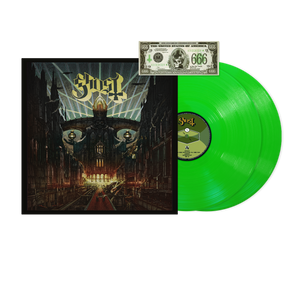 vinile verde 2LP Ghost meliora album musicale della band metal con grandi successi copertina con disegno di chiesa abbandonata e doppio disco che si intravede sulla destra color verde acido e gadget banconota di papa emeritus