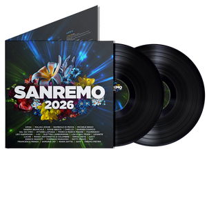 doppio LP in vinile nero con la compilation ufficiale della 76esima edizione del festival della canzone italiana di sanremo. raccolta 2026 distribuita da universal music italia con copertina con fiori blu e verdi e scritta sanremo 2026 in bianco