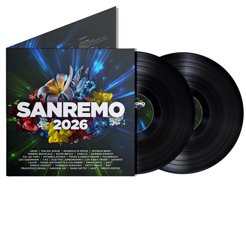 doppio LP in vinile nero con la compilation ufficiale della 76esima edizione del festival della canzone italiana di sanremo. raccolta 2026 distribuita da universal music italia con copertina con fiori blu e verdi e scritta sanremo 2026 in bianco