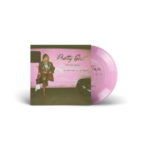 Pretty Girl Clean Up Crew House Tour vinile 7 inch rosa colored vinyl disco rosa con copertina con ragazza sabrina carpenter davanti a van rosa vintage