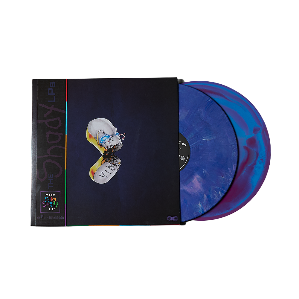 vinili colorati di eminem nuova raccolta con copertina nera e disegno di una pillola rotta con lp in vista nelle colorazioni Hallucinogen Hue e Mortuary Sink Swirl