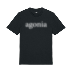 T-Shirt manica corta nera unisex 100% cotone con stampa sul fronte agonia con effetto sfocato di chiello legata a sanremo e al brano ti penso sempre che fa parte del nuovo album intitolato agonia