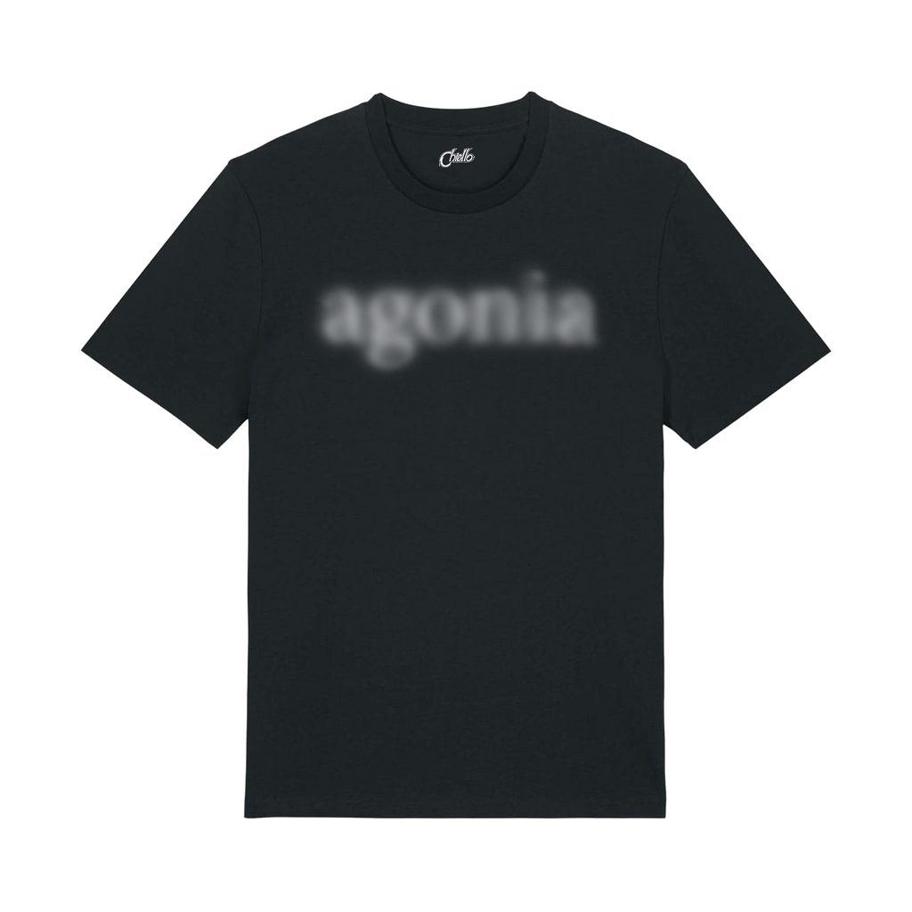 T-Shirt manica corta nera unisex 100% cotone con stampa sul fronte agonia con effetto sfocato di chiello legata a sanremo e al brano ti penso sempre che fa parte del nuovo album intitolato agonia