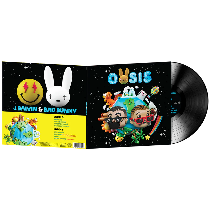 J Balvin & Bad Bunny – Oasis LP vinile nero – album reggaeton latin – cover frontale cartoon 3D e retro con tracklist, disco parzialmente estratto