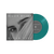 vinile musica canzone 45 giri 7 pollici colorato turchese trasparente con incisione sui lati del primo singolo di billie eilish, mock up con copertina di foto in primo piano in bianco e nero degli occhi di billie quando era piccola e piccolo vinile che si vede sulla destra
