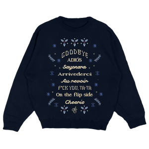 Sabrina Carpenter felpa natale girocollo blu navy con il testo della canzone "Goodbye" stampato in rilievo sul davanti. Vestibilità unisex. merchandising natalizio esclusivo per lo shop universal music in italia