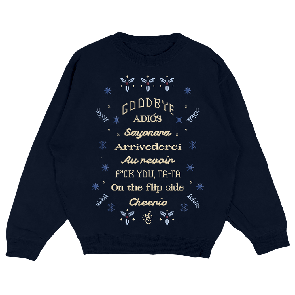 Sabrina Carpenter felpa natale girocollo blu navy con il testo della canzone "Goodbye" stampato in rilievo sul davanti. Vestibilità unisex. merchandising natalizio esclusivo per lo shop universal music in italia