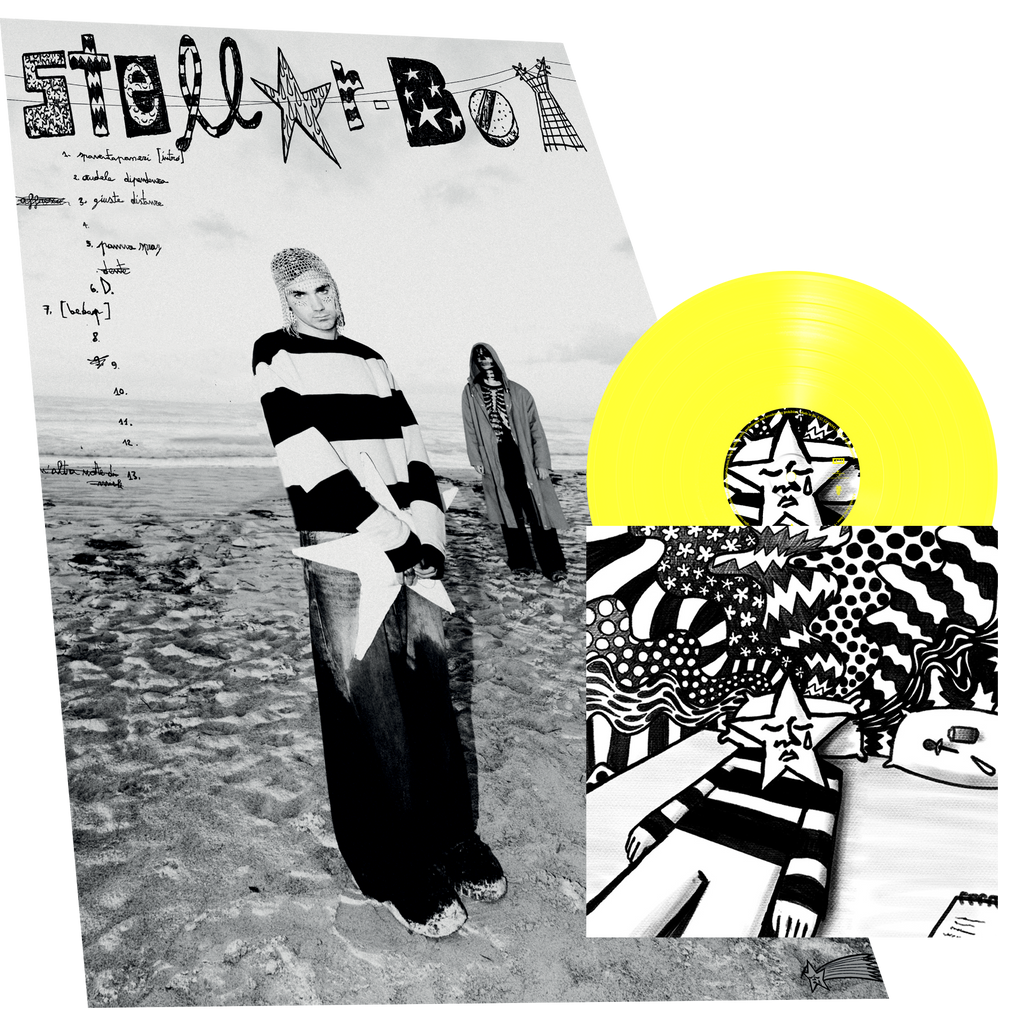 poster di piccolo dei bnkr44 del disco stellar boy con immagine del vinile giallo e copertina con disegno in bianco e nero