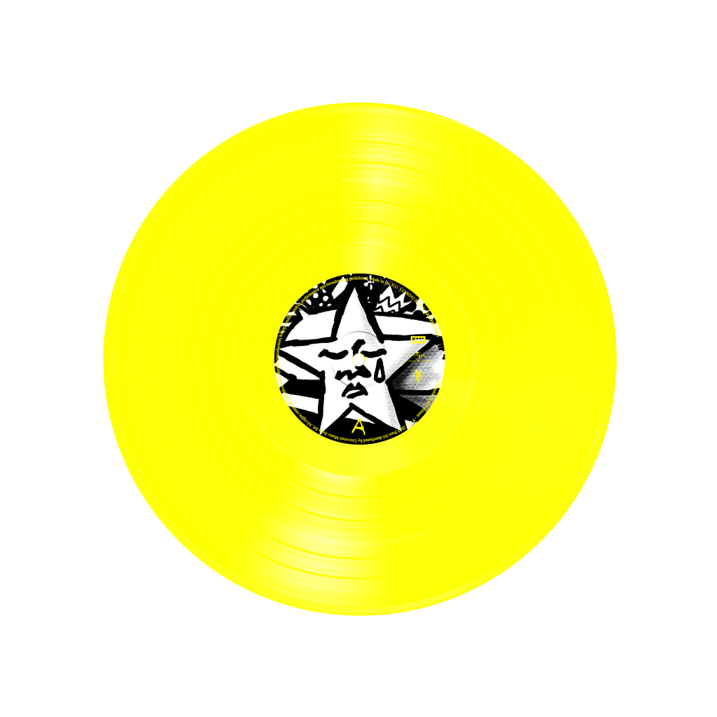 disco 33 giri LP in vinile giallo pieno colore acceso con centrino disegnato con stella triste