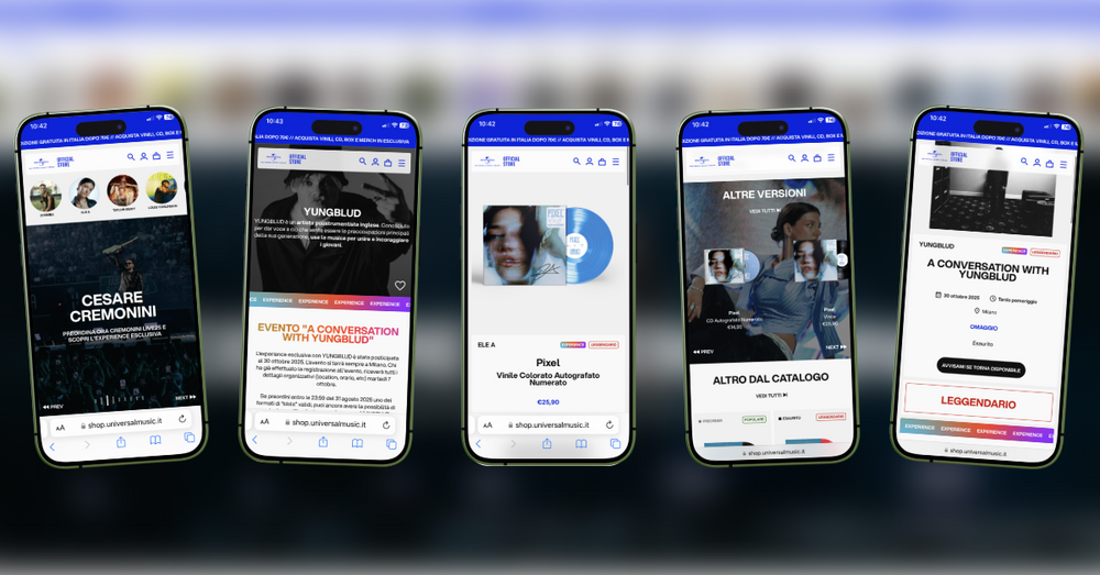 View del nuovo Shop su Mobile. 
Da sinistra: Homepage, Collection Artista con Experience, Pagina Prodotto, Prodotti Correlati, Pagina Registrazione Experience