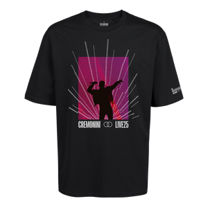 merch ufficiale cesare cremonini maglietta maniche corte nera con sagoma del cantante e dettagli fucsia