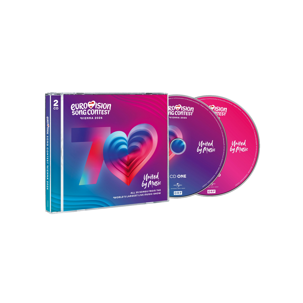 Eurovision Song Contest Vienna 2026 – album 2 CD, con due dischi e copertina con grafica cuore multicolore su sfondo sfumato rosa e blu