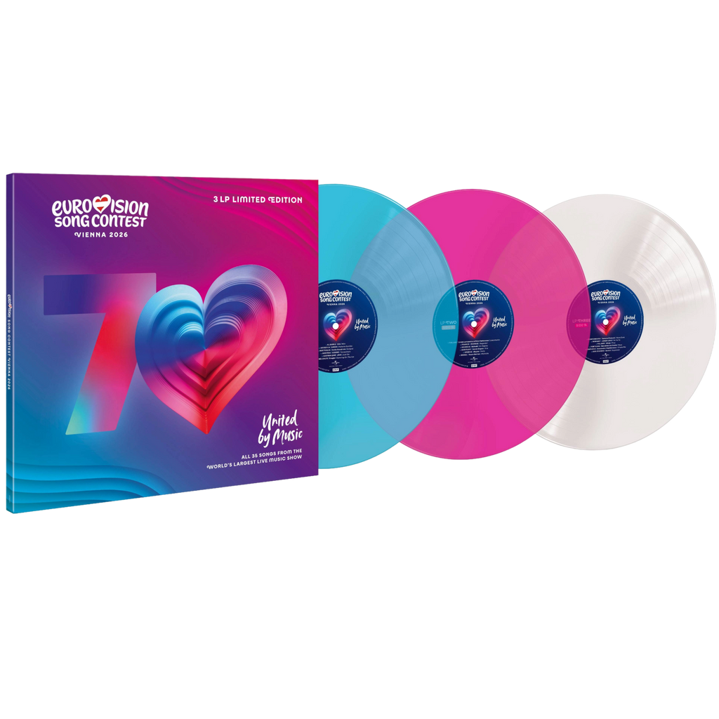 Eurovision Song Contest Vienna 2026 – cofanetto vinile 3 LP limited edition, con tre dischi colorati (azzurro, rosa e bianco) e copertina con grafica cuore multicolore su sfondo sfumato.