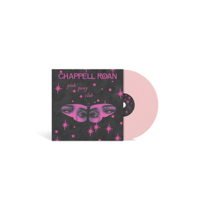 piccolo vinile rosa del singolo pink pony club di dimensioni 4 pollici con copertina nera e farfalle e stelline rosa con occhi di Chappell roan