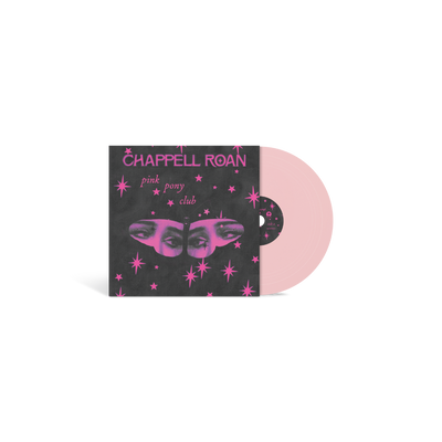 piccolo vinile rosa del singolo pink pony club di dimensioni 4 pollici con copertina nera e farfalle e stelline rosa con occhi di Chappell roan