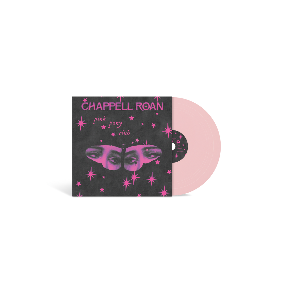 piccolo vinile rosa del singolo pink pony club di dimensioni 4 pollici con copertina nera e farfalle e stelline rosa con occhi di Chappell roan