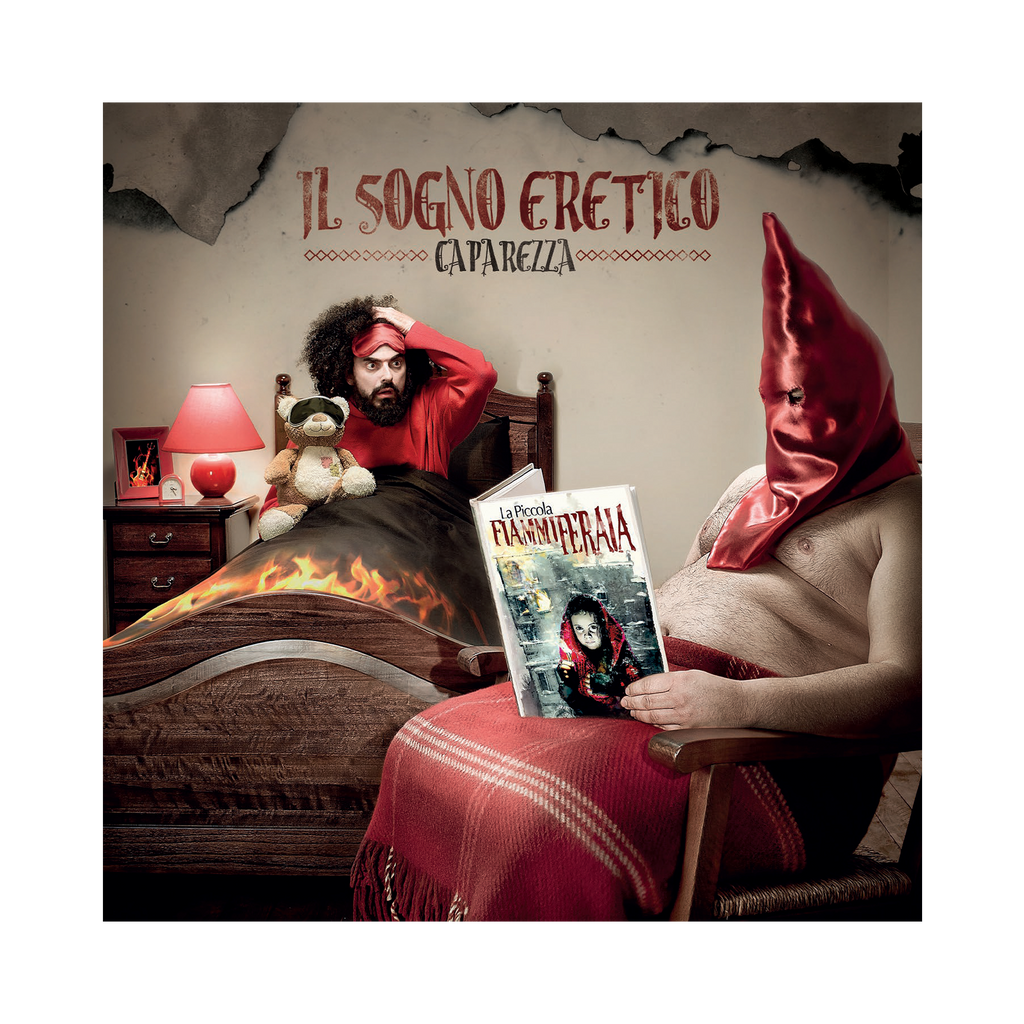 copertina frontale dell'alum il sogno eretico di caparezza, libro la piccola fiammiferaia, fiamme e toni del rosso