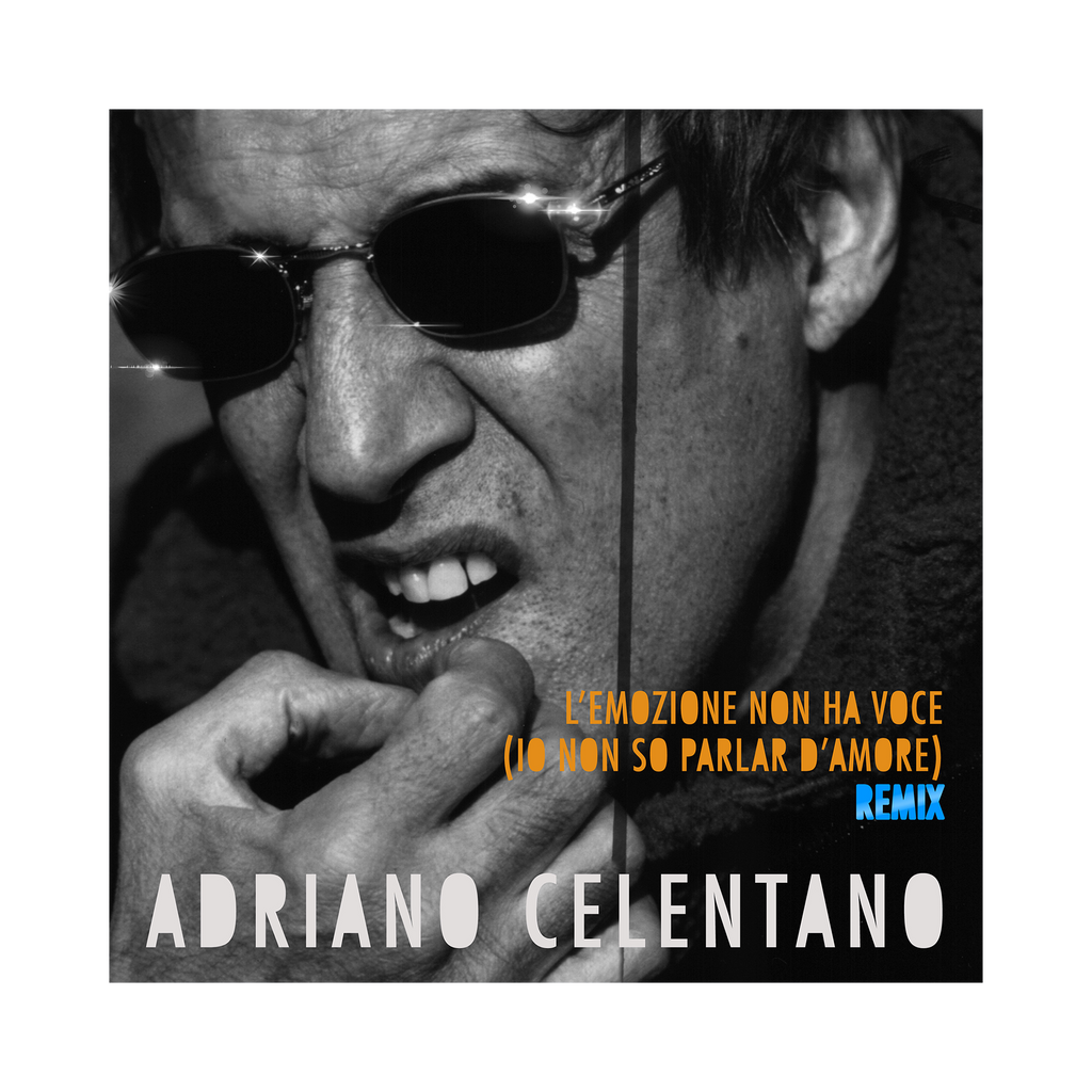 copertina del vinile nero 45 giri rpm di celentano con foto in bianco e nero in primo piano del cantante con gli immancabili occhiali da sole e mano sulla bocca. presenta titolo, artista e remix