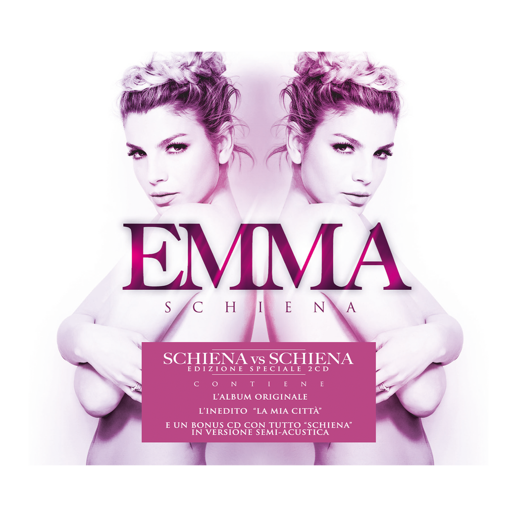 schiena contro schiena copertina terzo disco in studio di emma marrone con copertina bianca e rosa foto della cantante a mezzo busto
