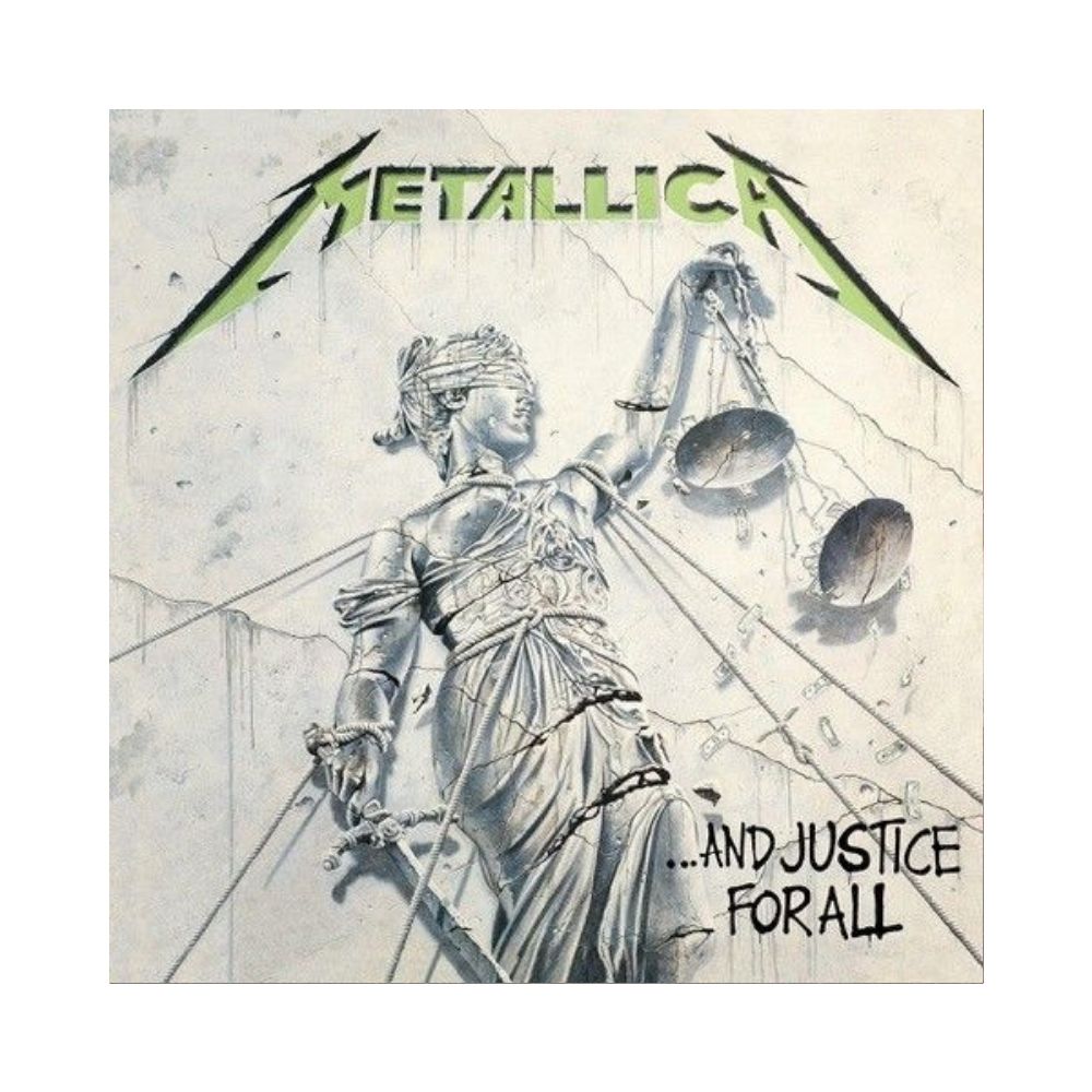 copertina di And Justice For All con immagine della statua della dea giustizia con una bilancia rotta in mano