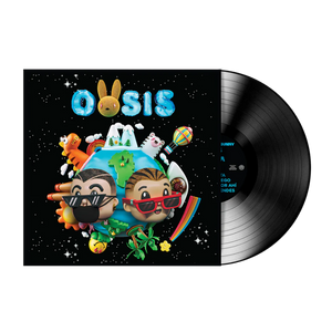 J Balvin & Bad Bunny – ‘Oasis’ vinile LP – copertina album illustrata con personaggi cartoon su pianeta e logo Oasis su sfondo nero stellato