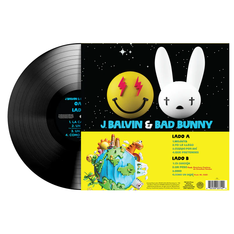 J Balvin e Bad Bunny Oasis LP vinile – retro copertina con tracklist, grafiche smiley e bunny icon, disco nero visibile da sleeve