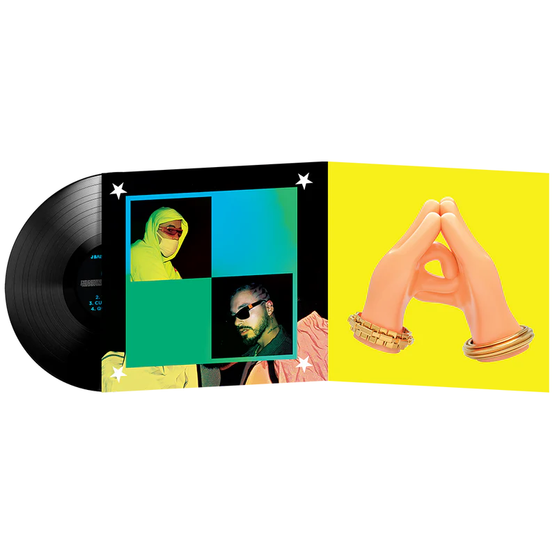 J Balvin e Bad Bunny Oasis album canzone Cancion vinile LP reggaeton latin album disco nero con gatefold aperto e insert fotografico artisti e grafica colorata