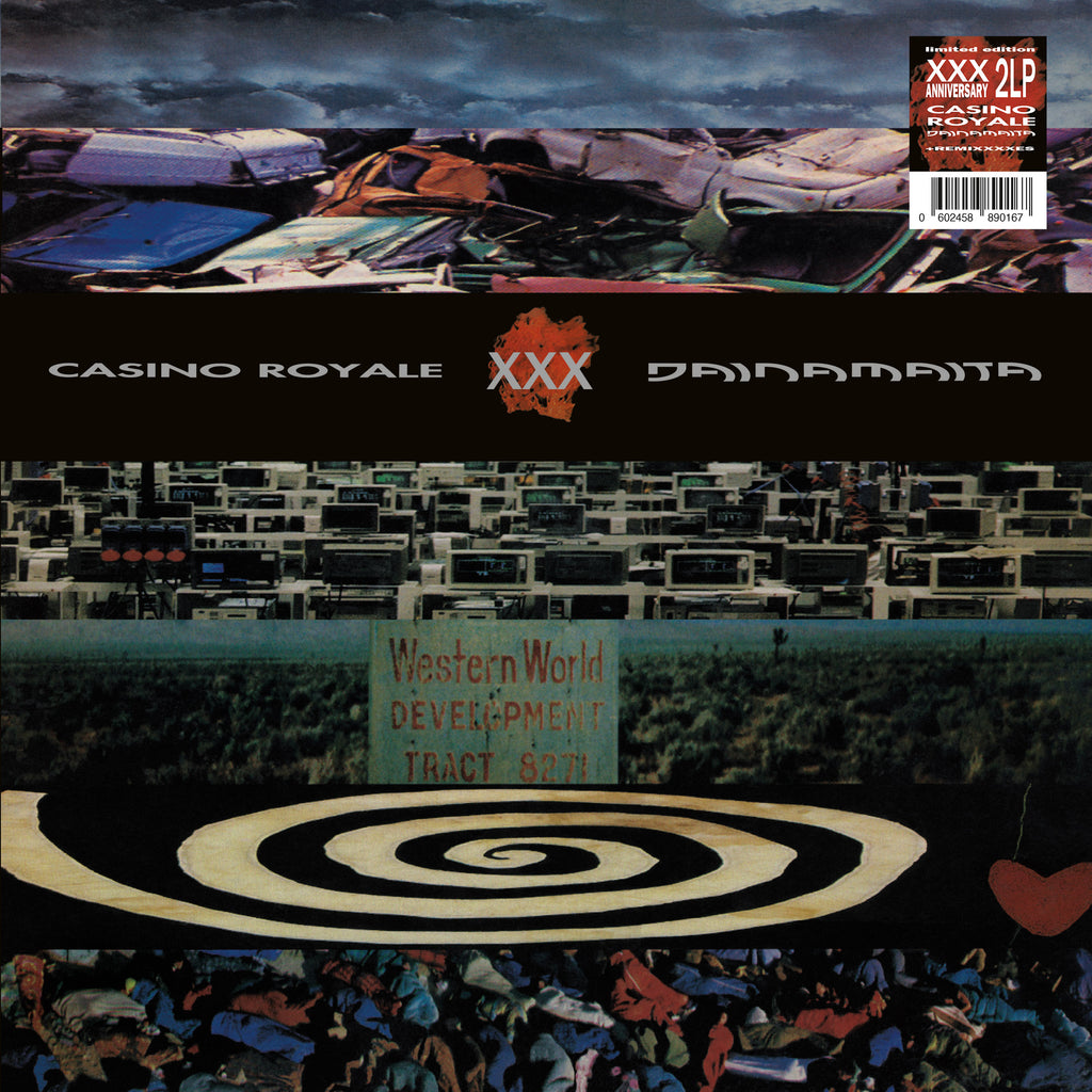 trentesimo anniversario adesivo sulla cover del disco dei casino royale dainamaita con spirale vianca e nera nuovo desgin in occasione della ristampa