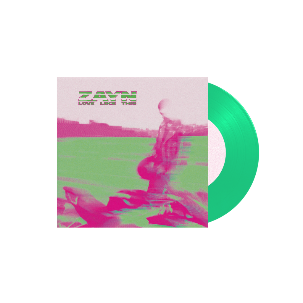 ZAYN Love Like This vinile LP verde colored vinyl con copertina dai toni rosa e verde raffigurante l artista in movimento su un prato con effetto sfocato e disco verde in evidenza